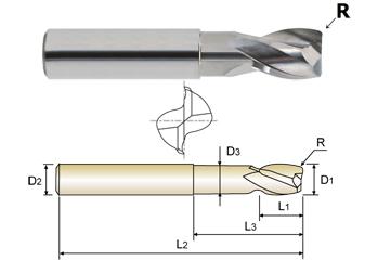 25595-090 5/8 x 5/8 x 3/4 x 3 R.090 3 FLUTE STUB LENGTH 45 DEGREE HELIX CORNER RADIUS ALU-POWER End Mill