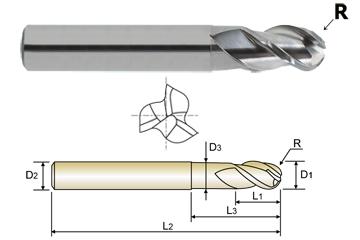 38593TC 1/2 x 1/2 x 3/4 x 1-3/8 x3 -1/2 N.476 3 FLUTE REGULAR LENGTH 40 DEGREE HELIX BALL NOSE NECK TICN-COATED ALU-POWER End Mill