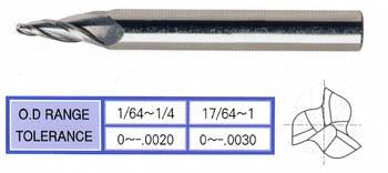 88554TN .062 x 1/4 x 1-1/4 x 3 2 DEG 3 FLUTE REGULAR LENGTH BALL NOSE TAPERED TIN COATED CARBIDE End Mill