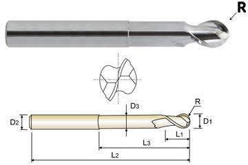 89584TC 3/8 X 3/8 X 4 N.365 2 FLUTE 37 DEGREE HELIX BALL NOSE EXTENDED NECK TICN-COATEDALU-POWER End Mill