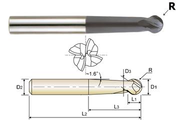 93419 1/4 x 1/4 x .200 x 1-1/8 x 4 4 FLUTE LONG LENGTH BALL NOSE SPHERE TYPE X-POWER CARBIDE End Mill