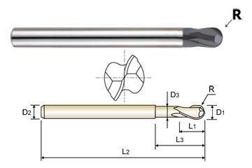 93489 3/16 x 1/4 x 3/16 x 3 x 3/8 x .184 2 FLUTE 15 DEG HELIX BALL NOSE X-POWER FOR OVER 55HRC CARBIDE End Mill