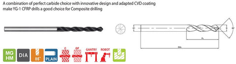 UDR5A2AC0300 3.0 x 6.0 x 28.0 x 66.0 CFRP CARBIDE DRILL Ti HELICAL COOLANT HOLE 2FL CVD DIAMOND COATED