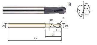 EM899030 3.0 x 6 x 8 x 70 2 FLUTE MEDIUM LENGTH BALL NOSE W/ NECK X-POWER CARBIDE - METRIC End Mill