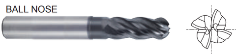 UGMH10024 3/8 x 3/8 x 1/2 x 1-1/8 x 4 V7 PLUS A 4 FLUTE MULTIPLE HELIX EXTENDED NECK BALL NOSE PLAIN SHANK END MILL