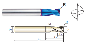 G8A36006 0.6 x 3 x 0.9 x 40 R.05 2 FLUTE SE STUB CUT CORNER RADIUS EXTENDED NECK X-5070 POWER CARBIDE END MILL