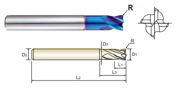 G8A37160 16 x 16 x 18 x 90 4 FLUTE SE STUB CUT CORNER RADIUS EXTENDED NECK X-5070 POWER CARBIDE END MILL