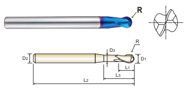 G8A46942 2.0 x 4 x 1.6 x 12 x 50 R 1.0 2 FLUTE BALL NOSE FOR RIB PROCESSING X-5070 END MILL