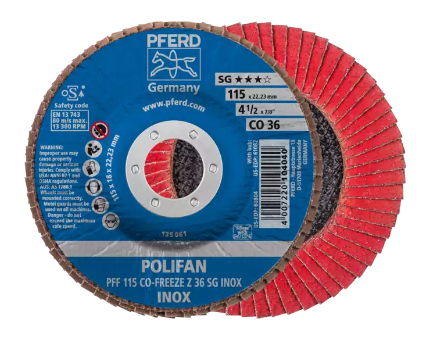 7" x 5/8-11 Thd. A.H. POLIFAN Flap Disc - CO-FREEZE SG INOX, Ceramic oxide, 36 Grit, Conical