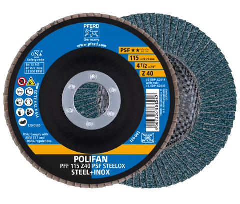 7" x 7/8" A.H. POLIFAN Flap Disc - Z PSF STEELOX, Zirconia, 40 Grit, Flat