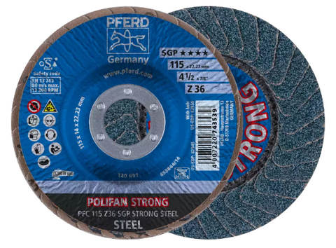 5" x 5/8-11 Thd. POLIFAN Flap Disc - Z SGP STRONG STEEL, Zirconia, 36 Grit, Conical