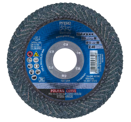 5" x 5/8-11 Thd. POLIFAN Flap Disc - Z SGP CURVE STEELOX, Zirconia, 40 Grit, Large Radius