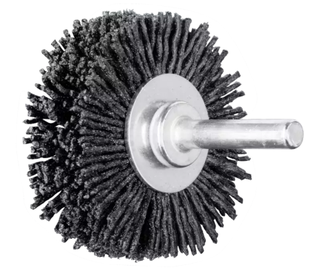 2" M-BRAD mounted wheel brush - Narrow face, .022"/120 Grit Cer. Ox., 1/4" stem NR